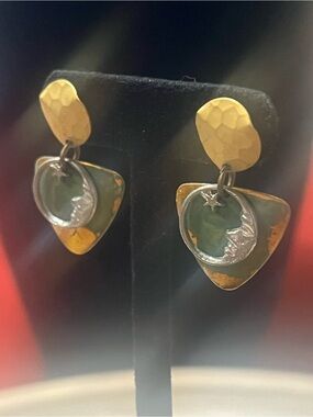 Gold-Tone Earrings with Green Enamel Crescent and Star Accents